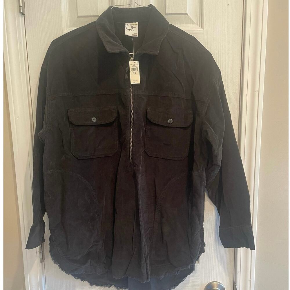 OFFLINE By Aerie Corduroy Quarter Zip Shacket Shirt Black Oversized Raw, A33